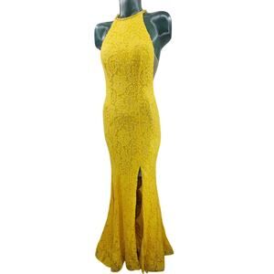 Sherri Hill Yellow Lace Ball Gown Prom Dress Long Slit Halter Neck Size 6 3973